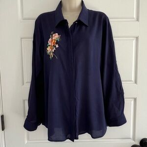 Umgee Navy Blue Long Sleeve Button Up Blouse Floral Embroidery Boho S Festival
